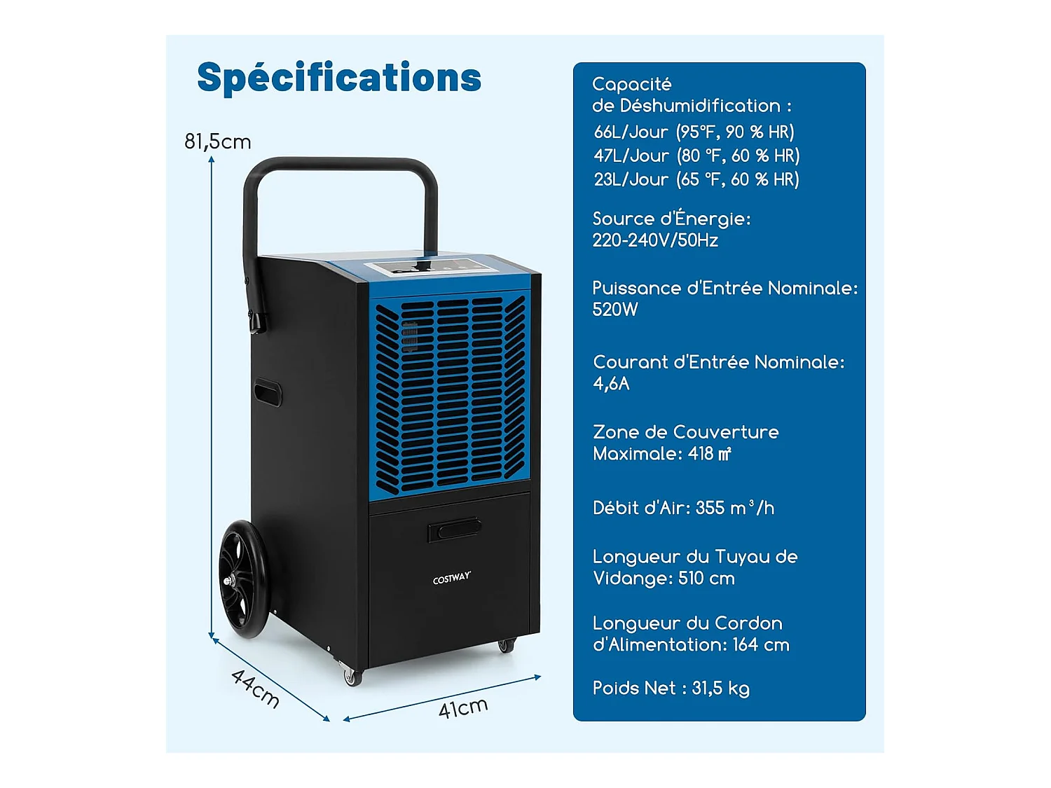 Déshumidificateur Professionnel 66L/Jour, Déshumidificateur Industriel avec Pompe et Tuyau de Vidange, jusqu'à 418 m², Minuterie 24 H (Bleu)
