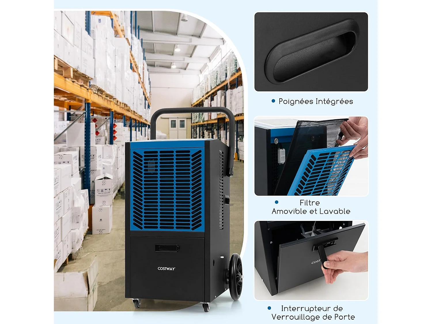 Déshumidificateur Professionnel 66L/Jour, Déshumidificateur Industriel avec Pompe et Tuyau de Vidange, jusqu'à 418 m², Minuterie 24 H (Bleu)