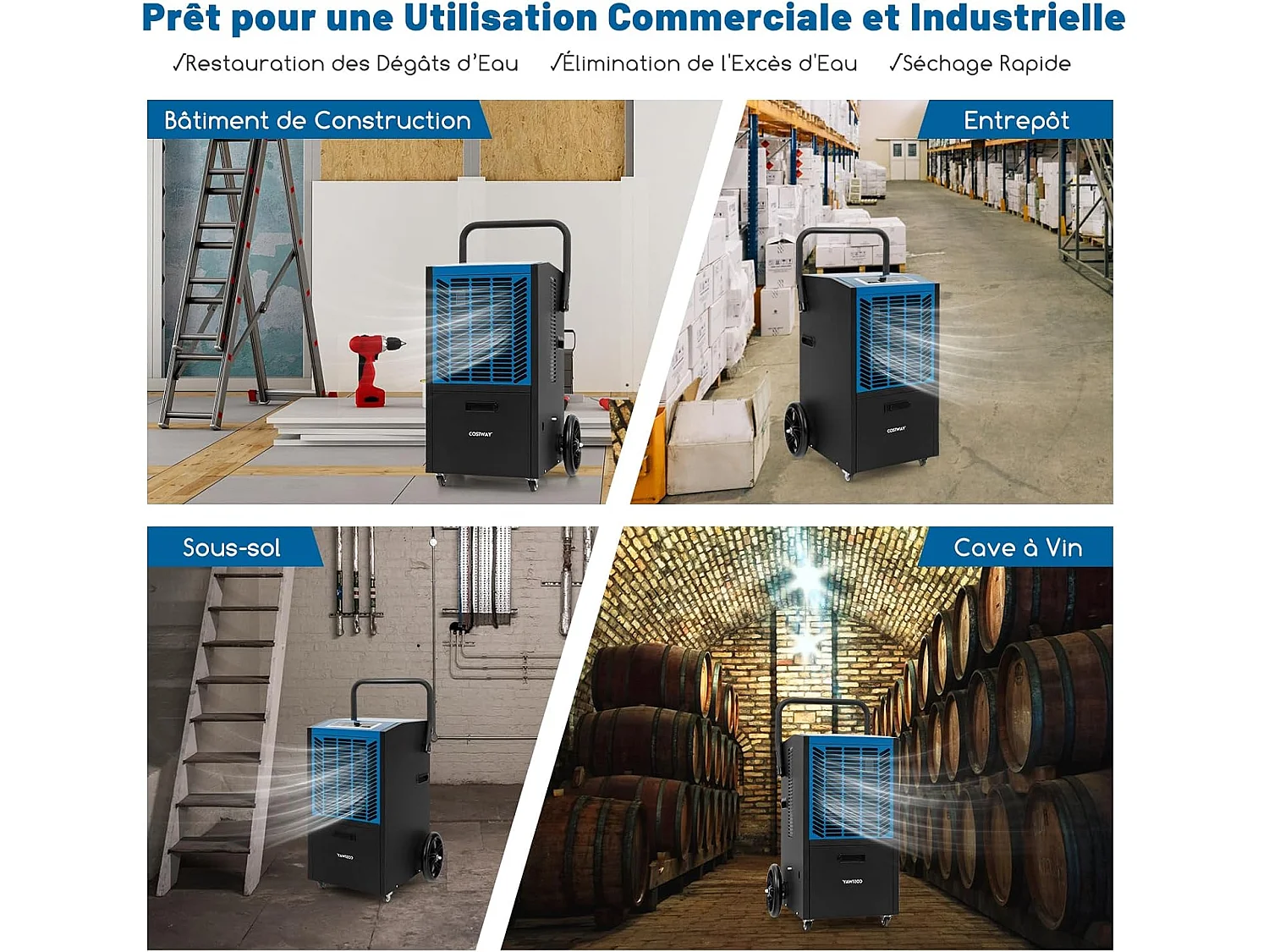 Déshumidificateur Professionnel 66L/Jour, Déshumidificateur Industriel avec Pompe et Tuyau de Vidange, jusqu'à 418 m², Minuterie 24 H (Bleu)