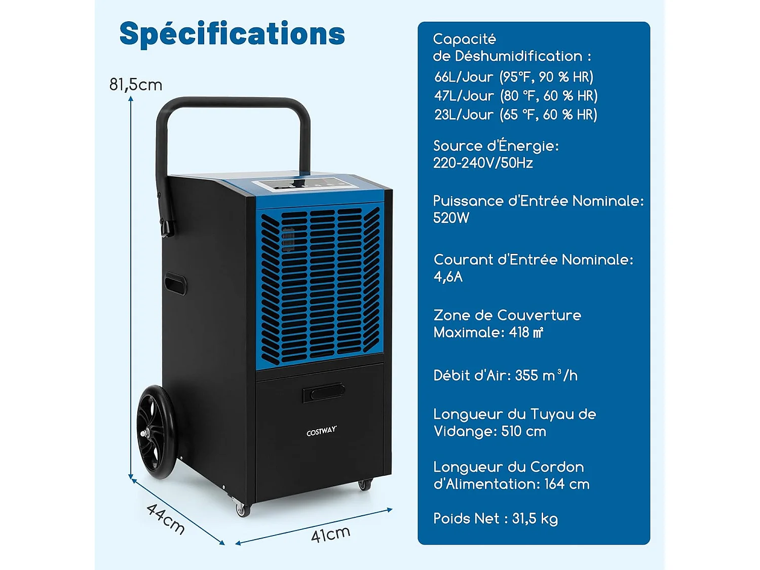 Déshumidificateur Professionnel 66L/Jour, Déshumidificateur Industriel avec Pompe et Tuyau de Vidange, jusqu'à 418 m², Minuterie 24 H (Bleu)