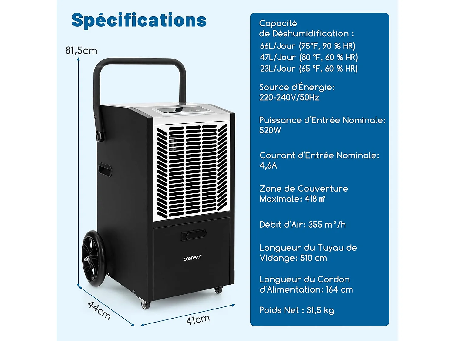 Déshumidificateur Professionnel 66L/Jour, Déshumidificateur Industriel avec Pompe et Tuyau de Vidange, jusqu'à 418 m², Minuterie 24 H (Blanc)