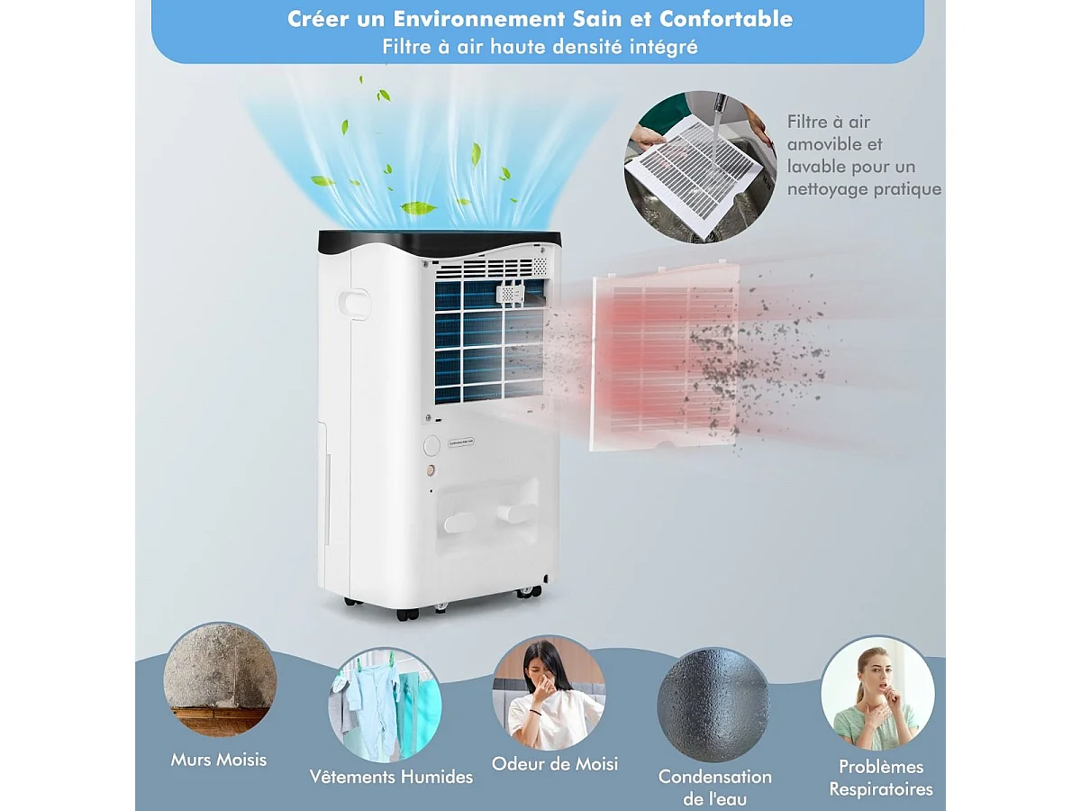 Déshumidificateur d'Air 4 en 1 50 L/Jour pour Espace 60 ㎡Contrôle WiFi Sèche-Linge Ecran LED Tactile Mode Sommeil Minuterie