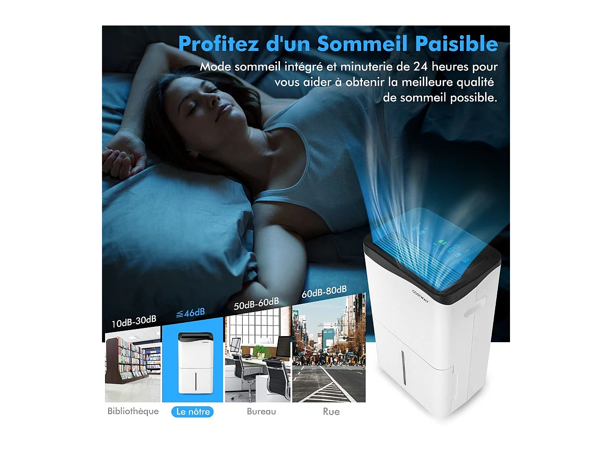 Déshumidificateur d'Air 4 en 1 50 L/Jour pour Espace 60 ㎡Contrôle WiFi Sèche-Linge Ecran LED Tactile Mode Sommeil Minuterie