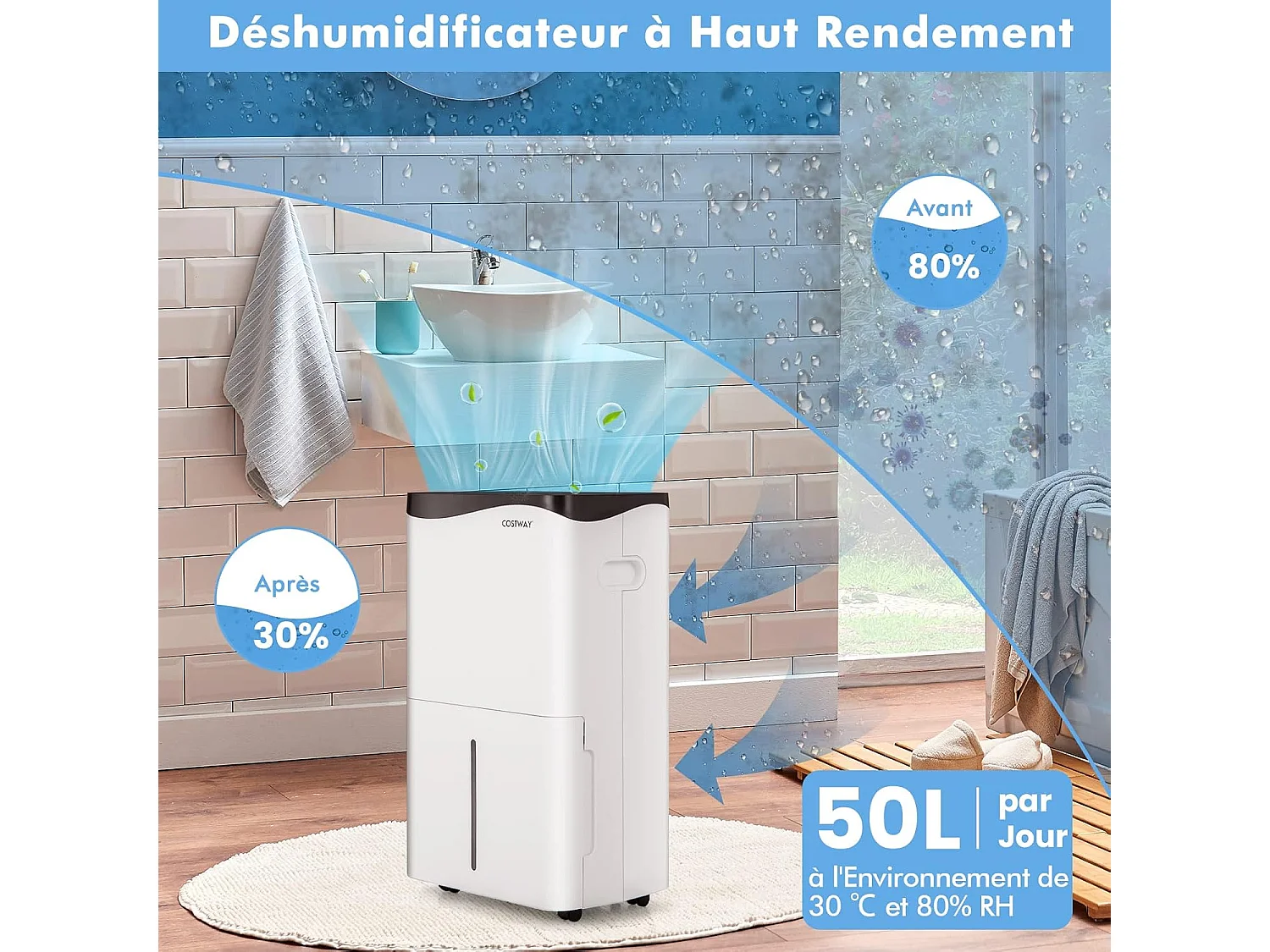 Déshumidificateur d'Air 4 en 1 50 L/Jour pour Espace 60 ㎡Contrôle WiFi Sèche-Linge Ecran LED Tactile Mode Sommeil Minuterie