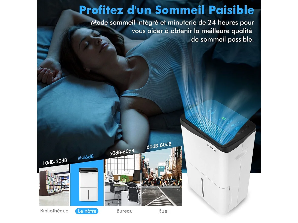 Déshumidificateur d'Air 4 en 1 50 L/Jour pour Espace 60 ㎡Contrôle WiFi Sèche-Linge Ecran LED Tactile Mode Sommeil Minuterie
