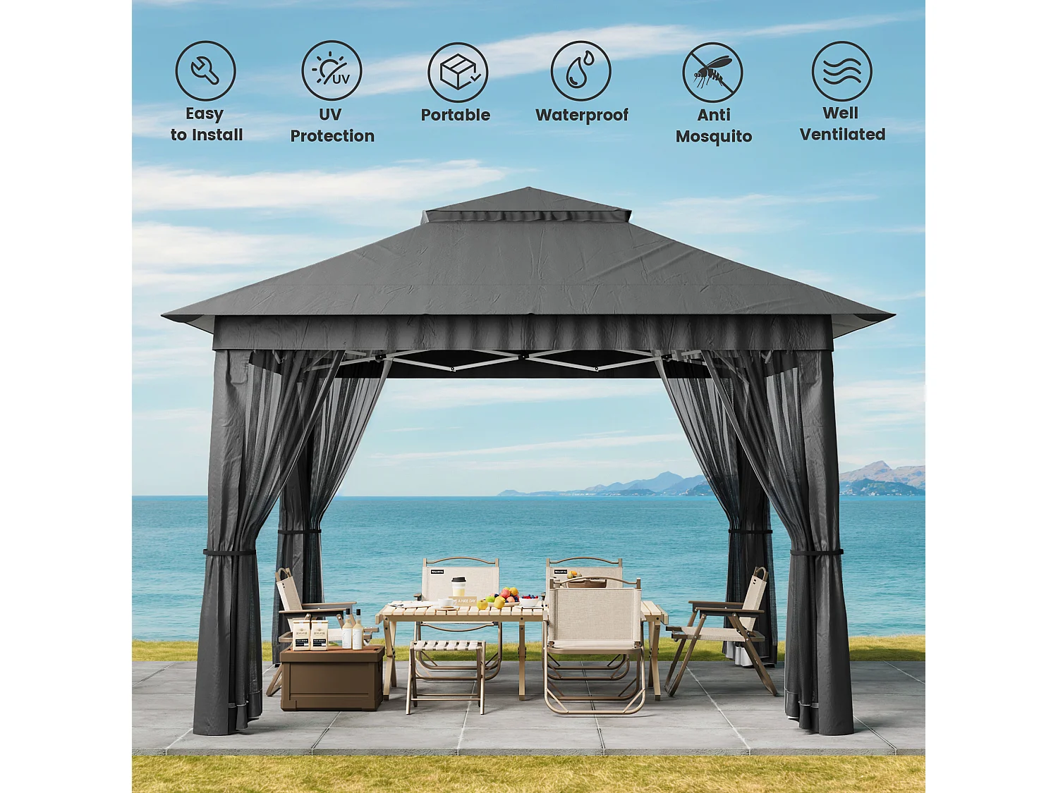 Bealife Tonnelle de Jardin Pliable, 3,35 m x 3,35 m, Grand Espace, Couleur Gris Foncé