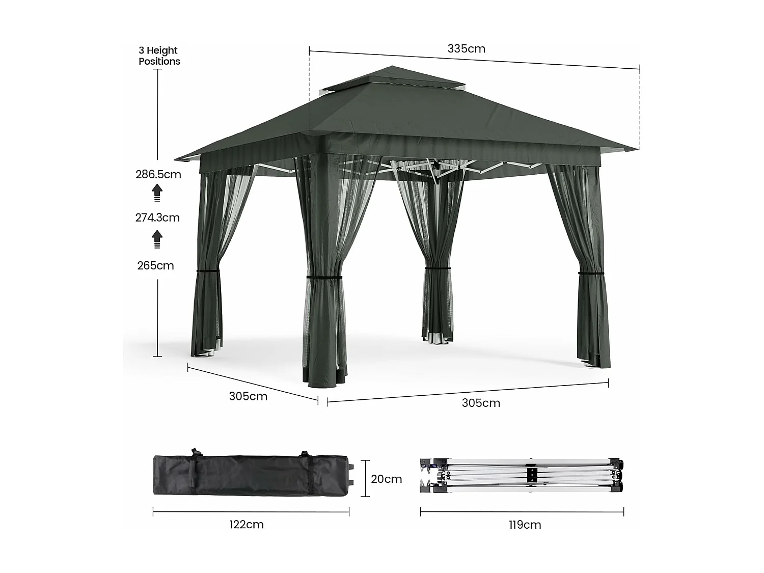 Bealife Tonnelle de Jardin Pliable, 3,35 m x 3,35 m, Grand Espace, Couleur Gris Foncé