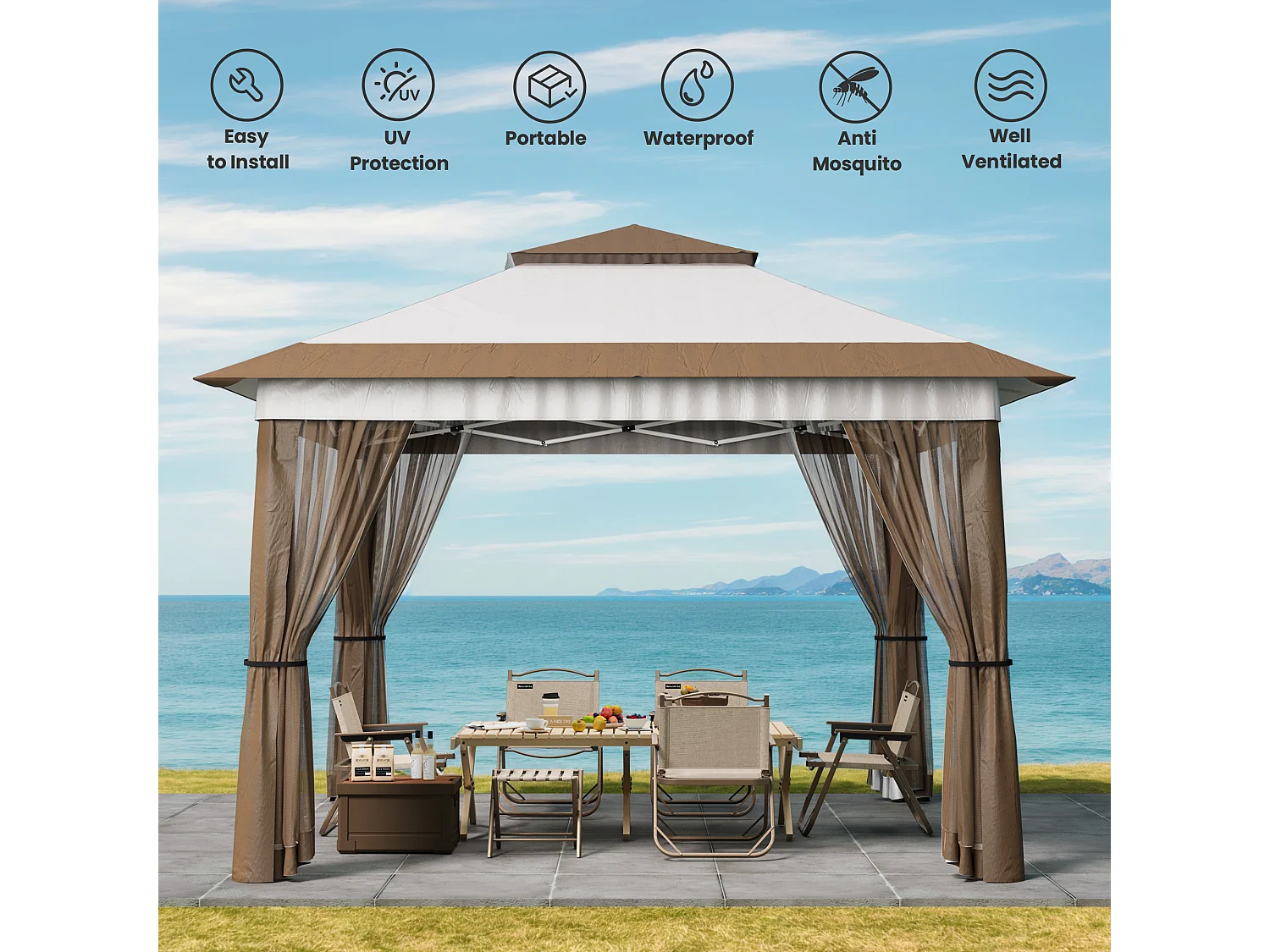 Bealife Tonnelle de Jardin Pliable, 3,35 m x 3,35 m, Grand Espace, Couleur Beige