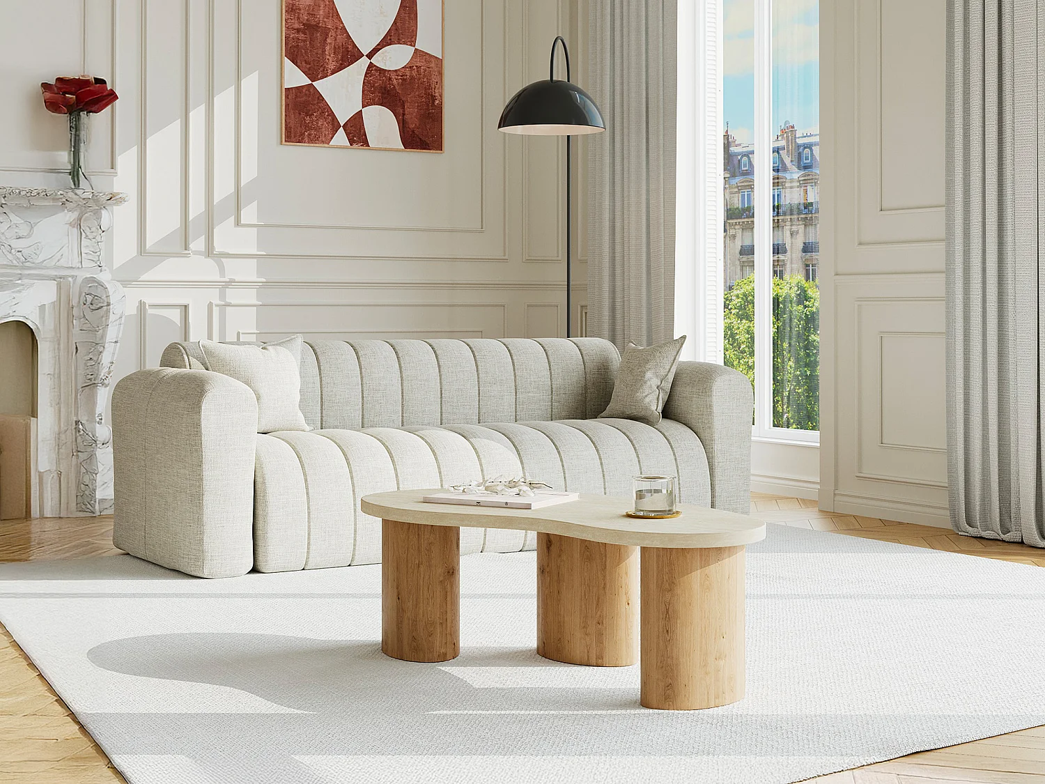 Table basse en MDF - Effet travertin beige et naturel clair - ALOZYA