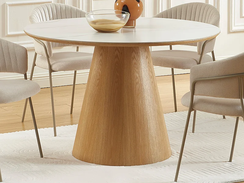 Table à manger ronde 4 personnes en céramique et placage frêne - Effet marbre blanc et naturel clair - ANTALIZA