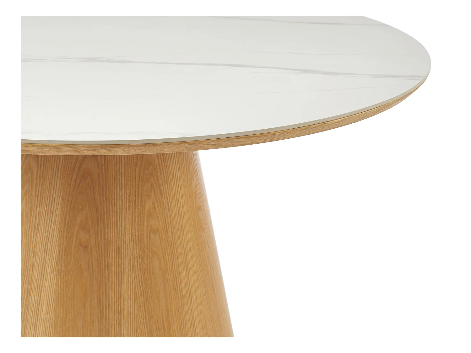 Tavolo da pranzo tondo 4 persone in ceramica e impiallacciatura Frassino - Effetto marmo bianco e naturale chiaro - ANTALIZA