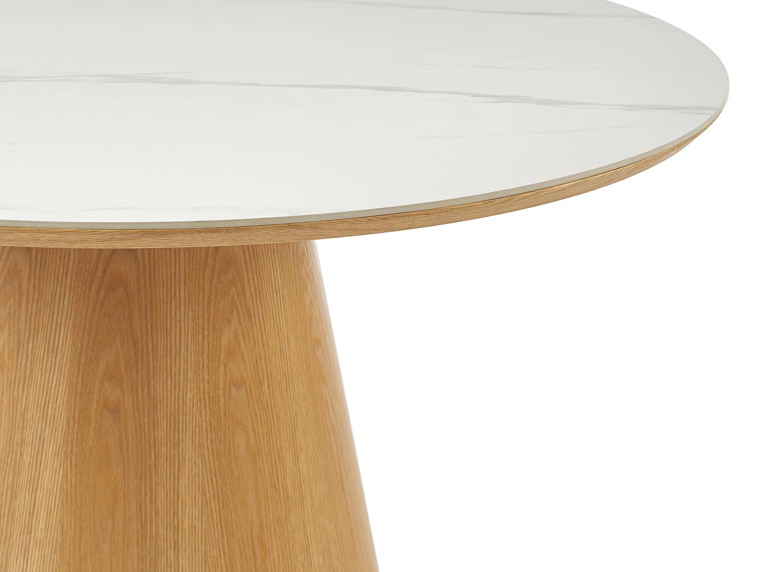 Tavolo da pranzo tondo 4 persone in ceramica e impiallacciatura Frassino - Effetto marmo bianco e naturale chiaro - ANTALIZA