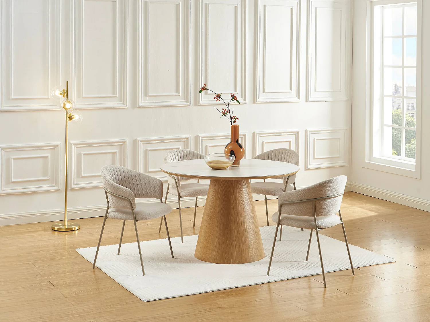 Tavolo da pranzo tondo 4 persone in ceramica e impiallacciatura Frassino - Effetto marmo bianco e naturale chiaro - ANTALIZA