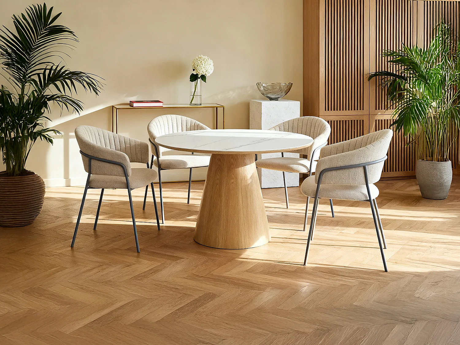 Table à manger ronde 4 personnes en céramique et placage frêne - Effet marbre blanc et naturel clair - ANTALIZA