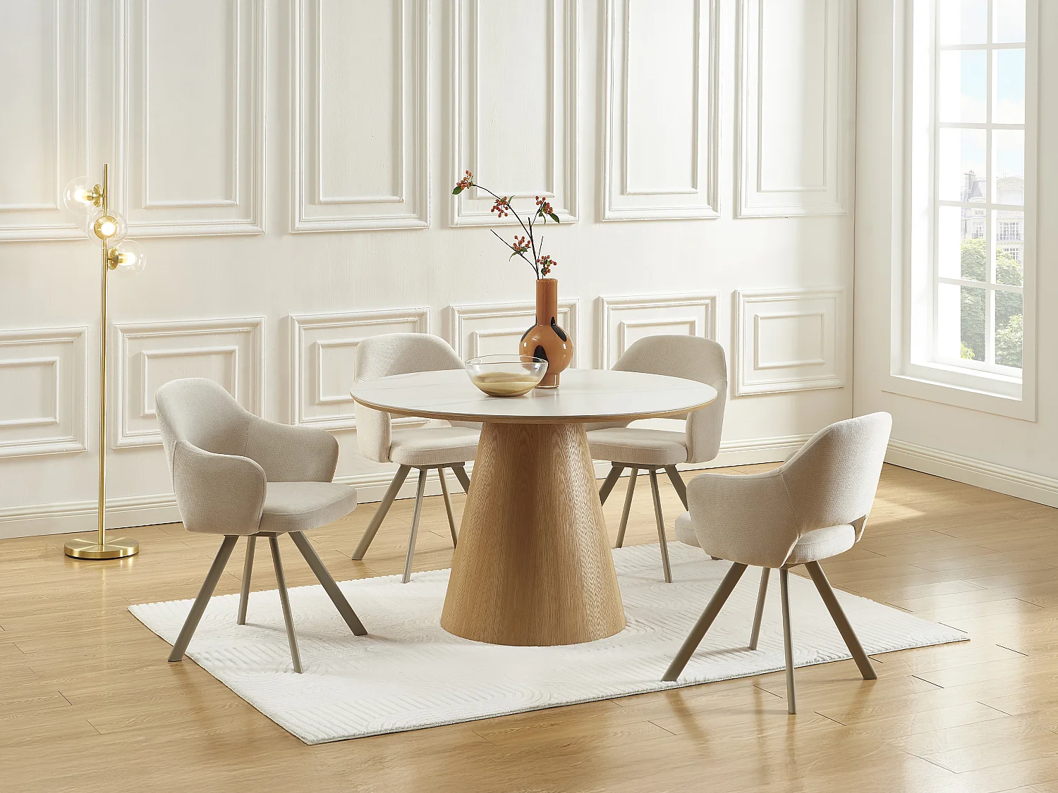 Ronde eettafel voor 4 personen van keramiek en essen fineer - Wit marmereffect en licht natuurlijk - ANTALIZA