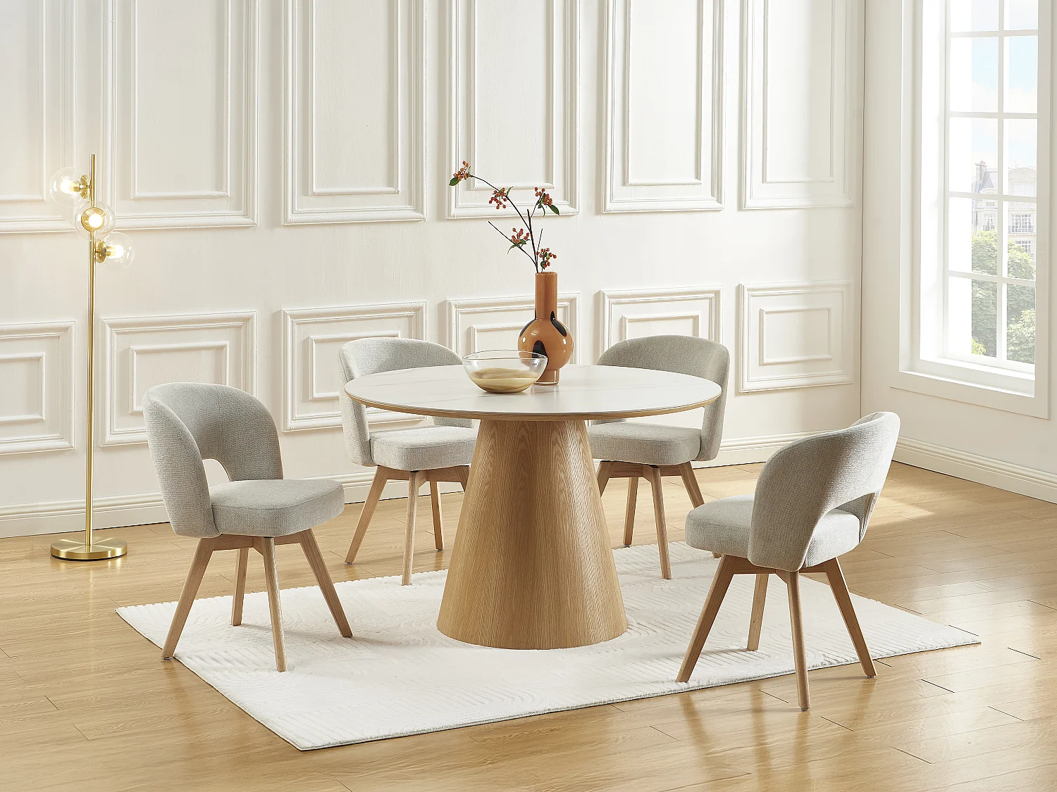 Ronde eettafel voor 4 personen van keramiek en essen fineer - Wit marmereffect en licht natuurlijk - ANTALIZA
