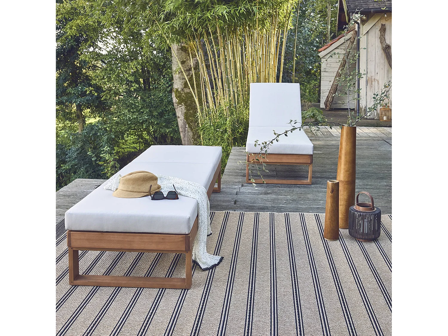 Tumbona de madera de eucalipto multiposición, set de 2 beige