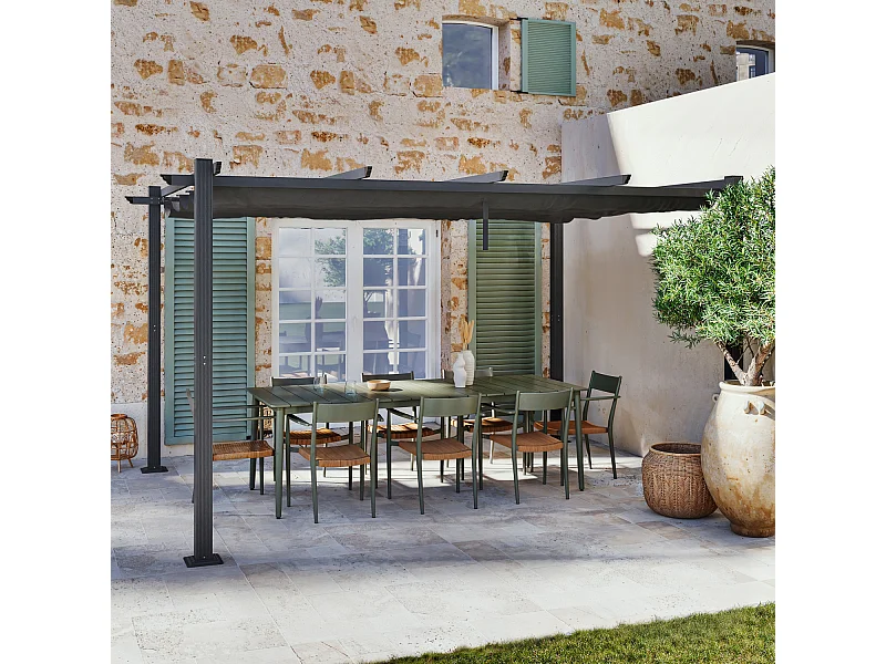 Tonnelle/Pergola aluminium 3x4m toile coulissante rétractable - Gris - BERCY XL