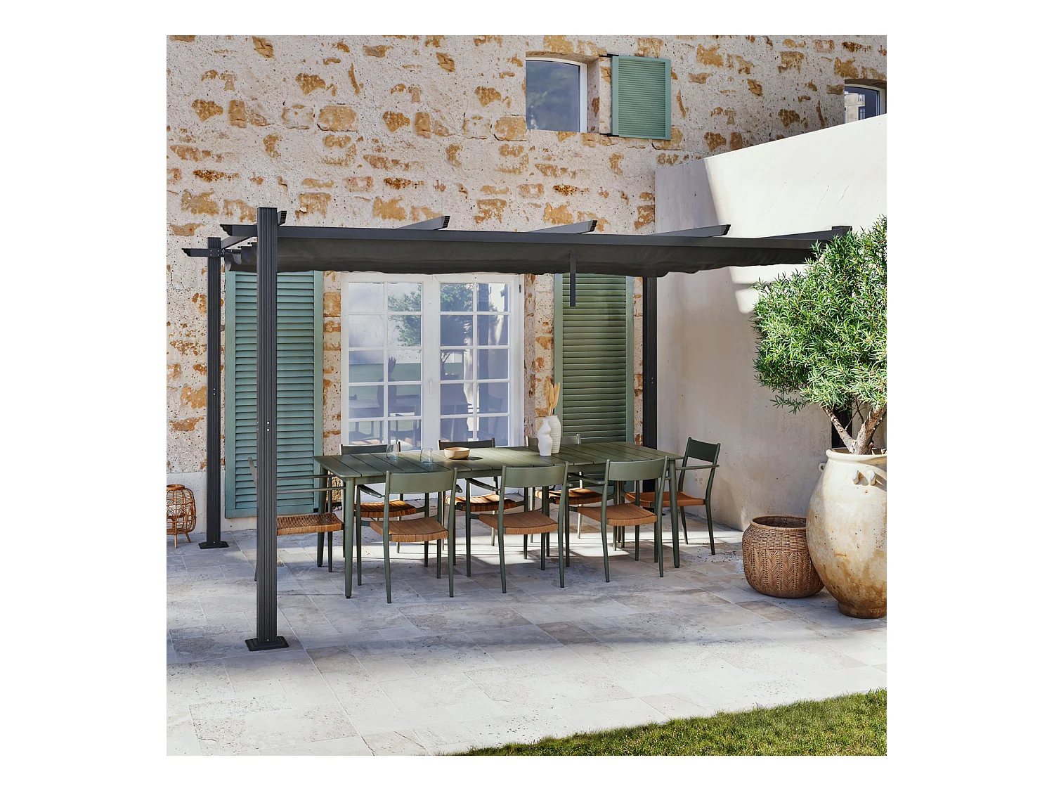 Tonnelle/Pergola aluminium 3x4m toile coulissante rétractable - Gris - BERCY XL