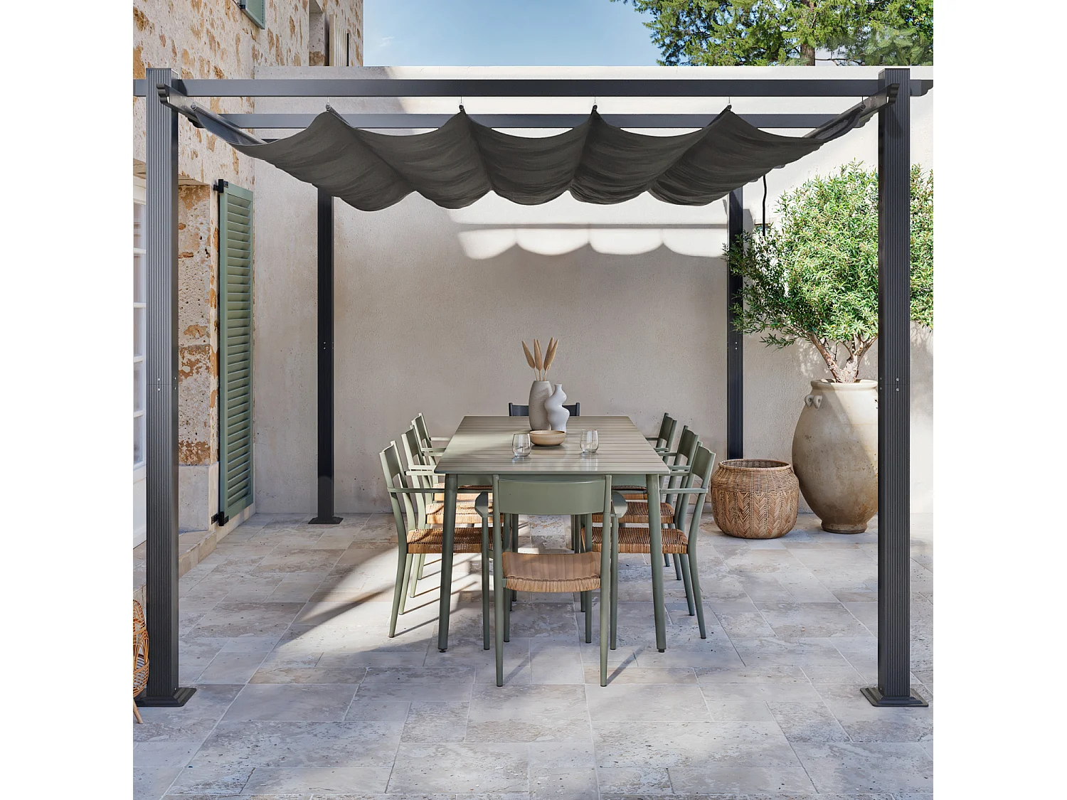 Tonnelle/Pergola aluminium 3x4m toile coulissante rétractable - Gris - BERCY XL