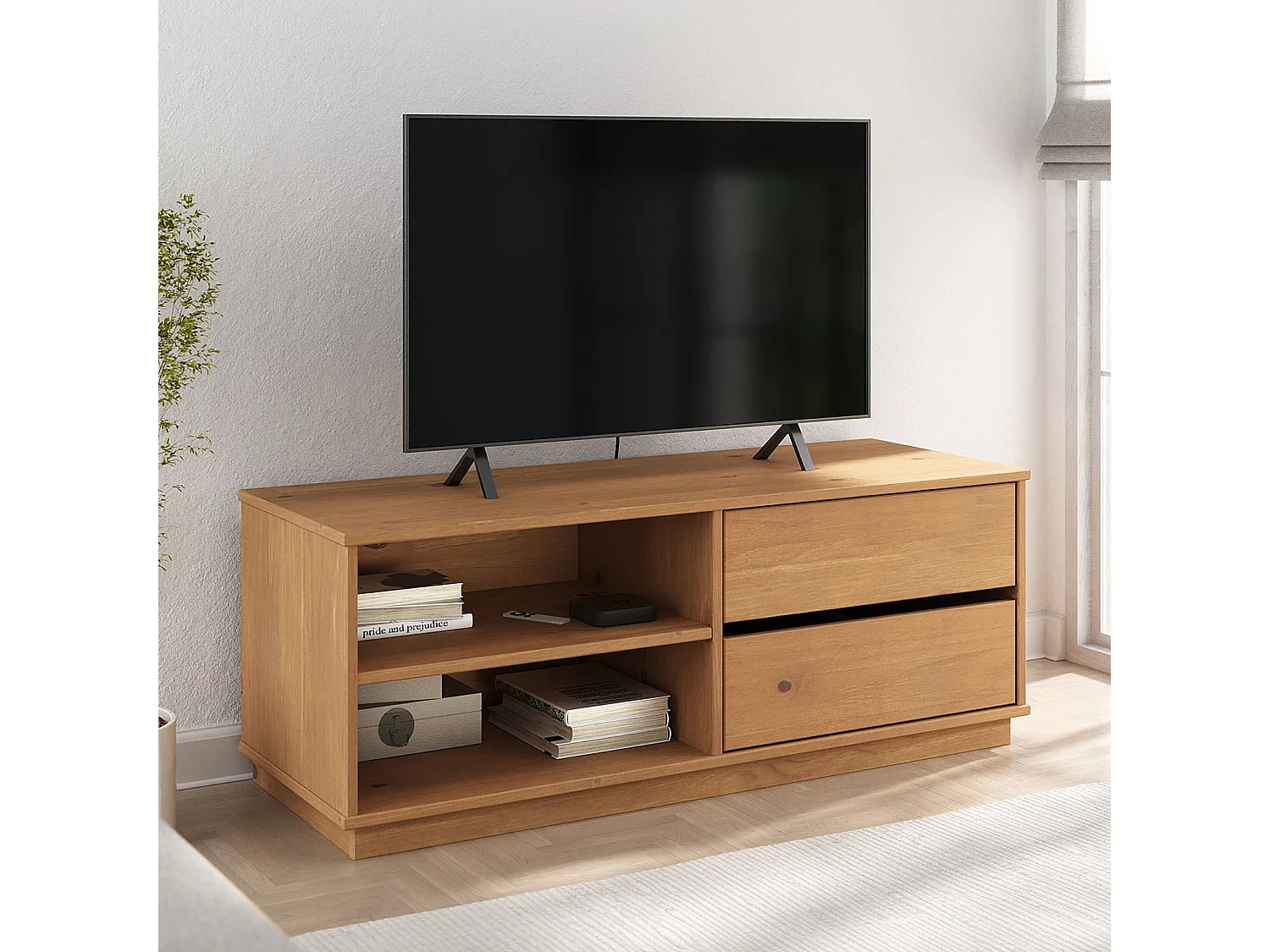 Meuble TV MAITE L 110 cm avec 2 tiroirs et 2 niches en bois massif coloris chêne pour télé jusqu’à 47" meuble TV salon