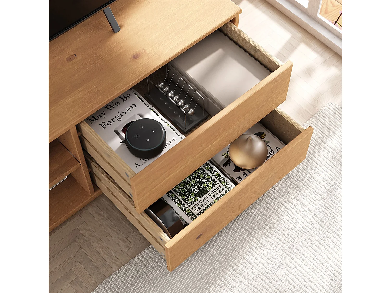 Meuble TV MAITE L 110 cm avec 2 tiroirs et 2 niches en bois massif coloris chêne pour télé jusqu’à 47" meuble TV salon