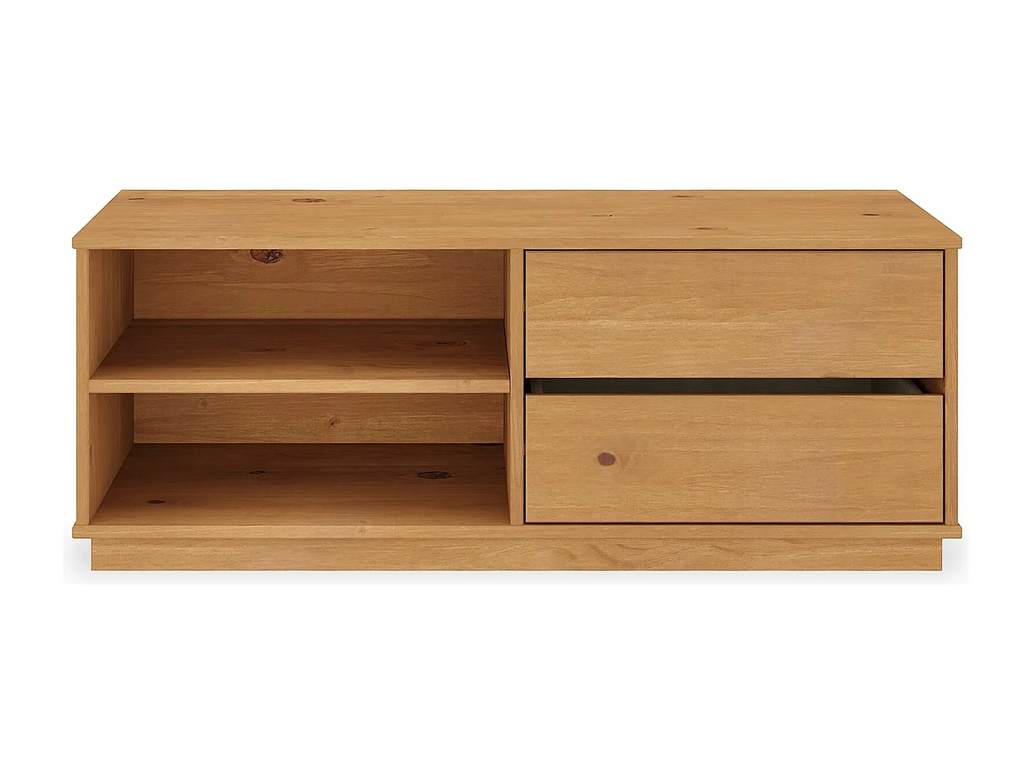 Meuble TV MAITE L 110 cm avec 2 tiroirs et 2 niches en bois massif coloris chêne pour télé jusqu’à 47" meuble TV salon