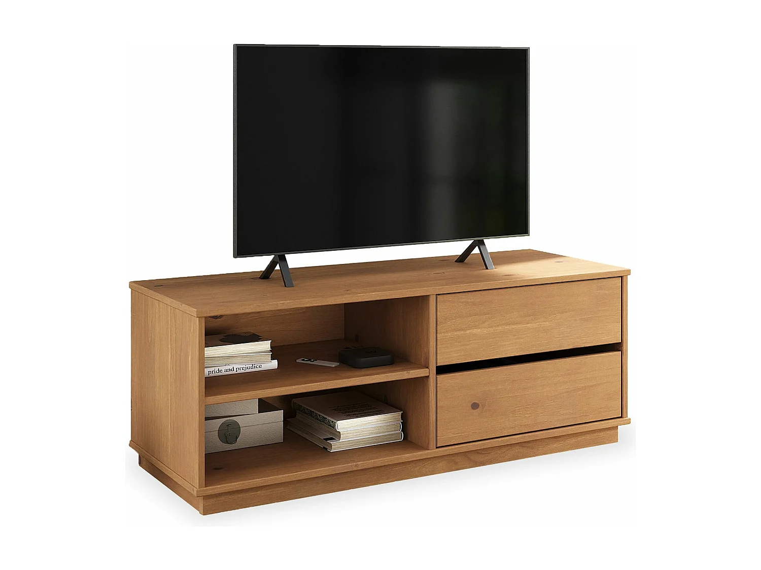 Meuble TV MAITE L 110 cm avec 2 tiroirs et 2 niches en bois massif coloris chêne pour télé jusqu’à 47" meuble TV salon