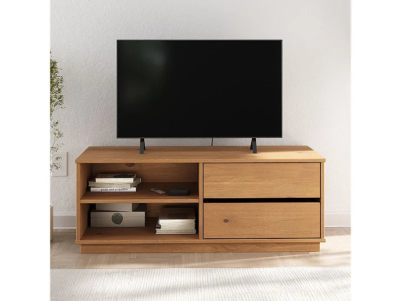 Meuble TV MAITE L 110 cm avec 2 tiroirs et 2 niches en bois massif coloris chêne pour télé jusqu’à 47" meuble TV salon