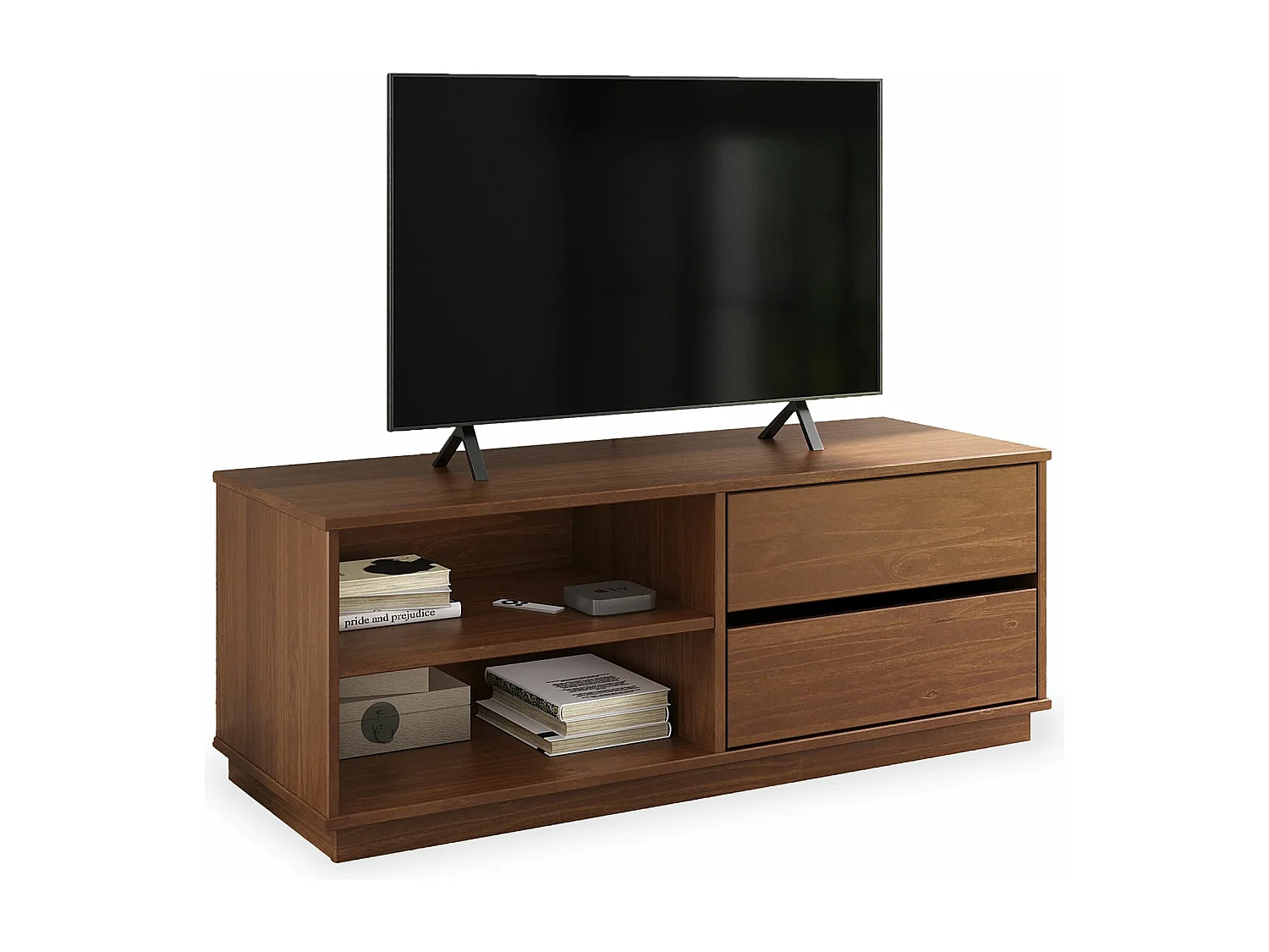 Meuble TV MAITE L 110 cm avec 2 tiroirs et 2 niches en bois massif coloris châtaignier pour télé jusqu’à 47"