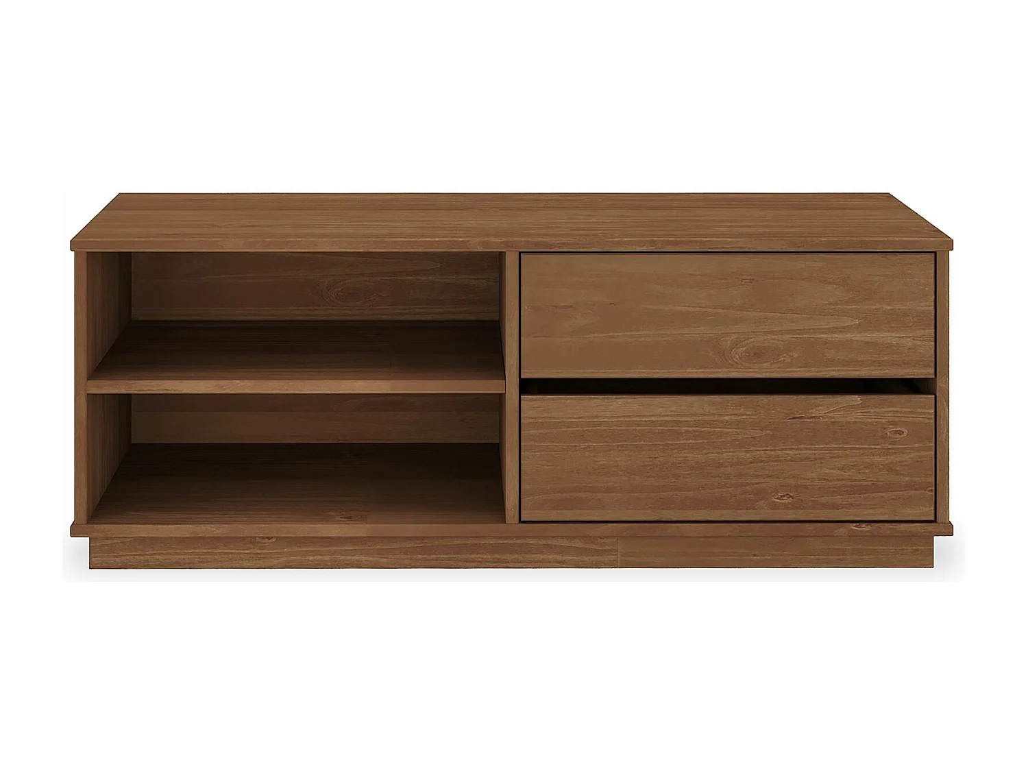 Meuble TV MAITE L 110 cm avec 2 tiroirs et 2 niches en bois massif coloris châtaignier pour télé jusqu’à 47"
