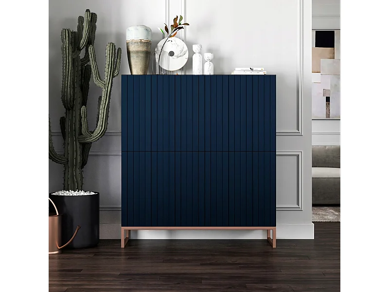 Commode avec 4 portes - Corps Bleu Marine mat, façades rainurées Bleu Marine mat - 112 cm, cadre en métal