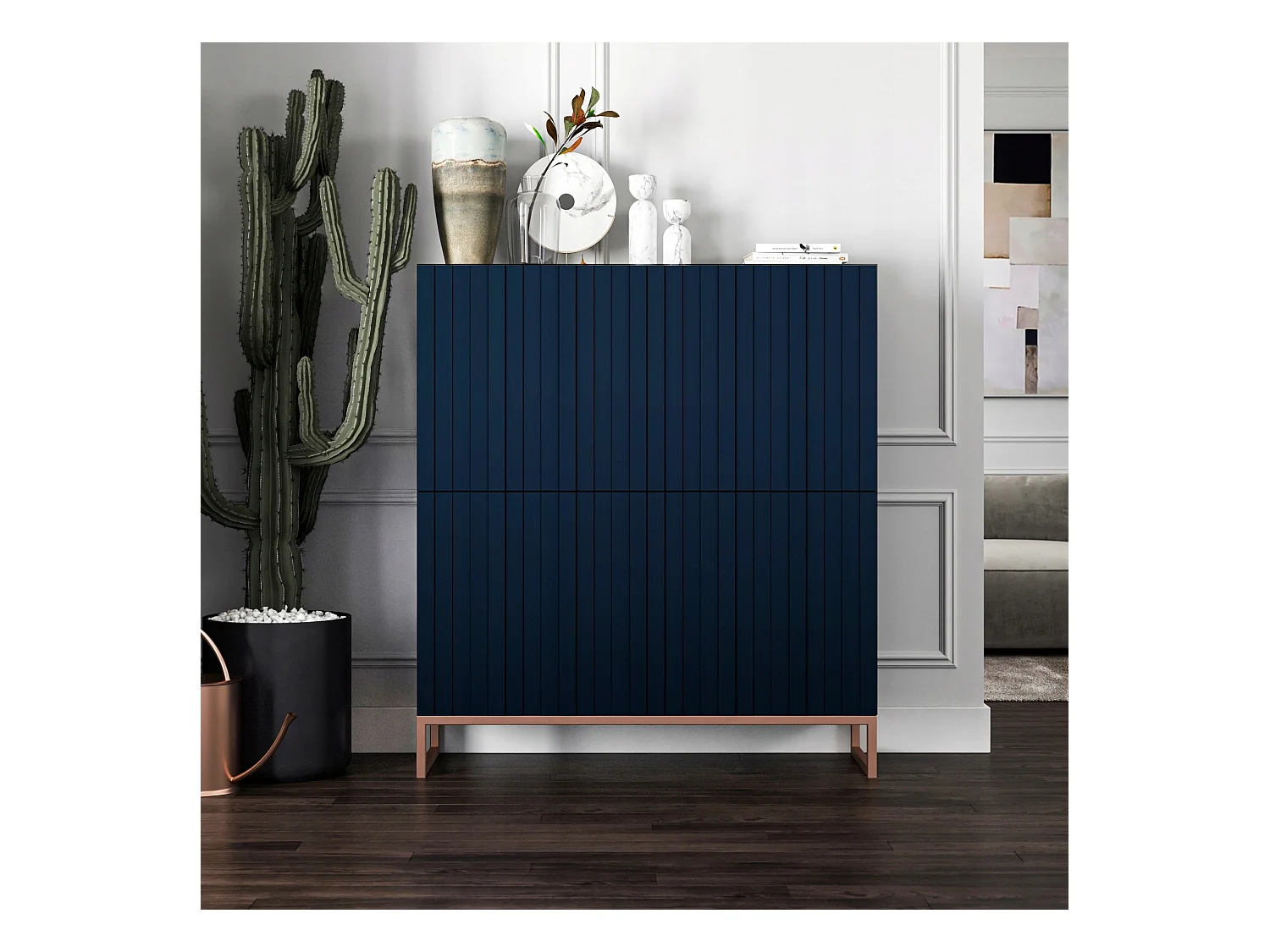 Commode avec 4 portes - Corps Bleu Marine mat, façades rainurées Bleu Marine mat - 112 cm, cadre en métal