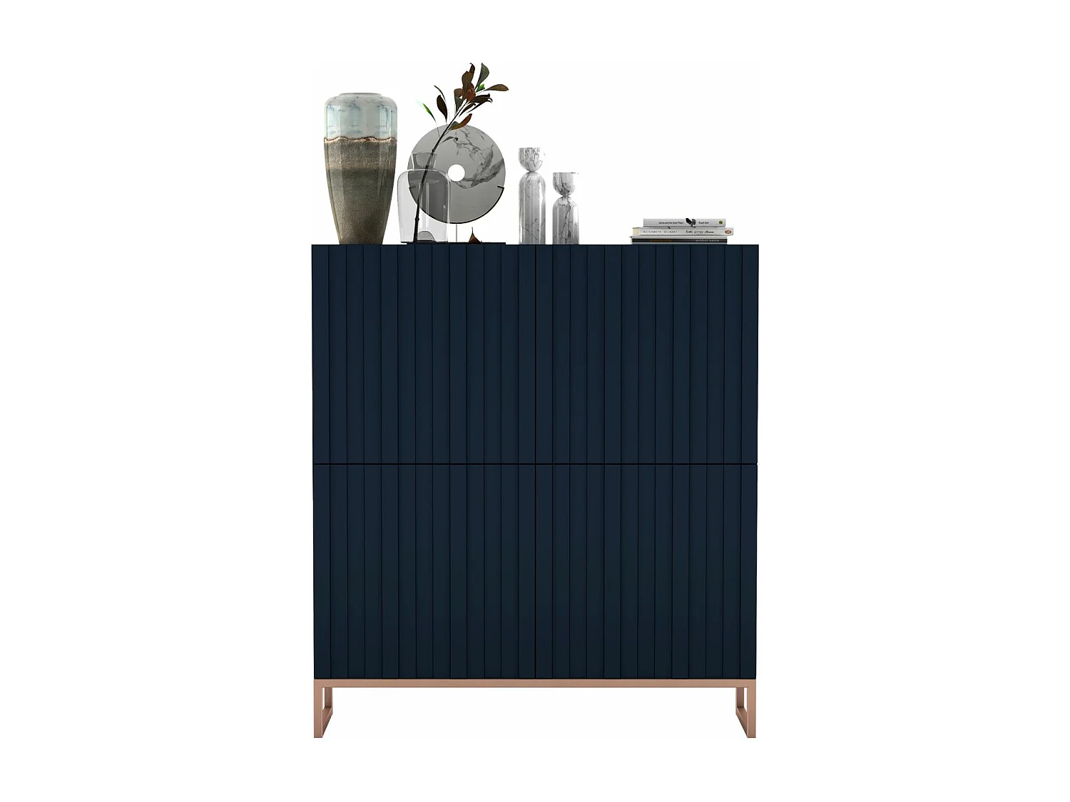 Commode avec 4 portes - Corps Bleu Marine mat, façades rainurées Bleu Marine mat - 112 cm, cadre en métal