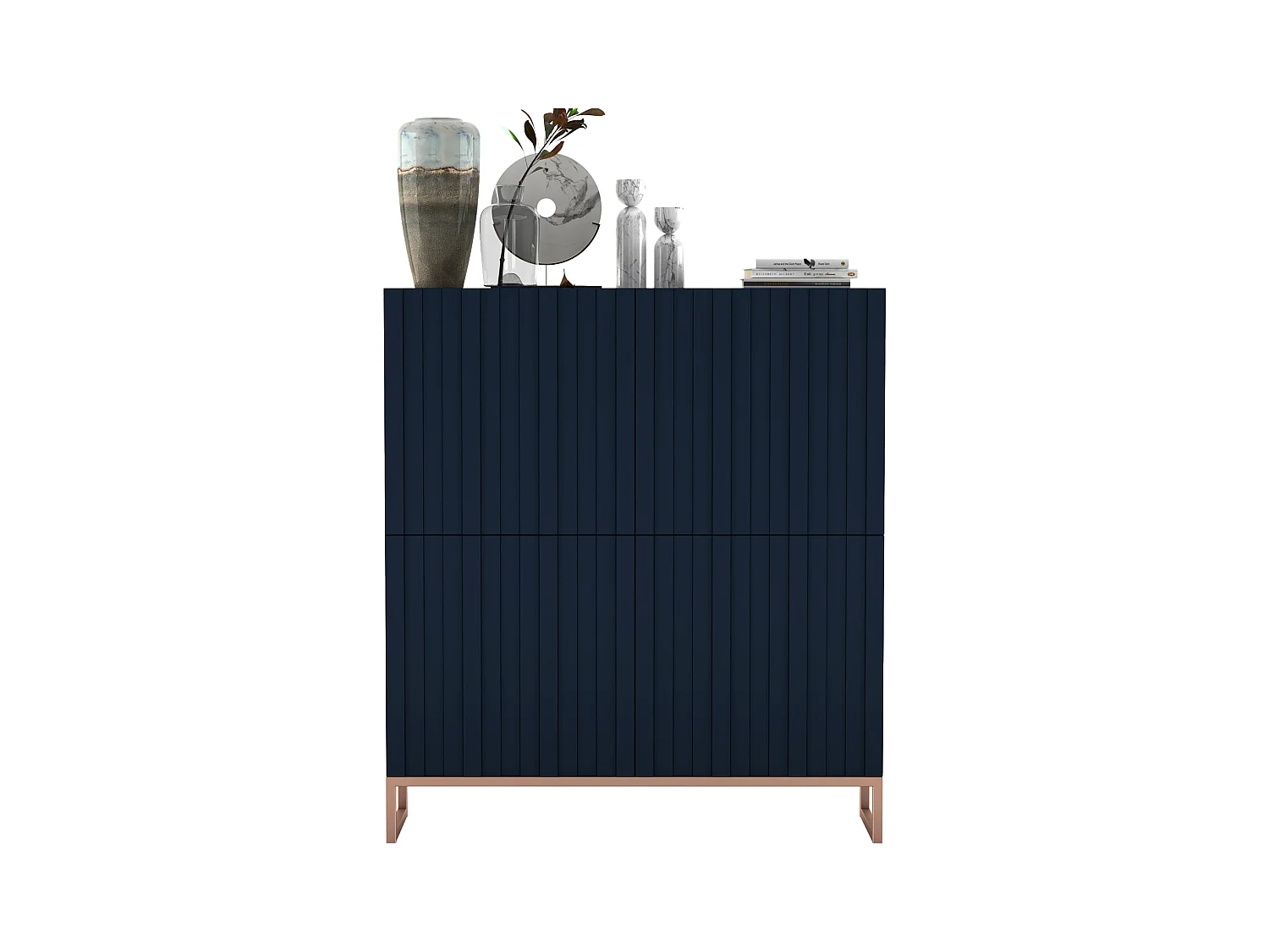 Commode avec 4 portes - Corps Bleu Marine mat, façades rainurées Bleu Marine mat - 112 cm, cadre en métal