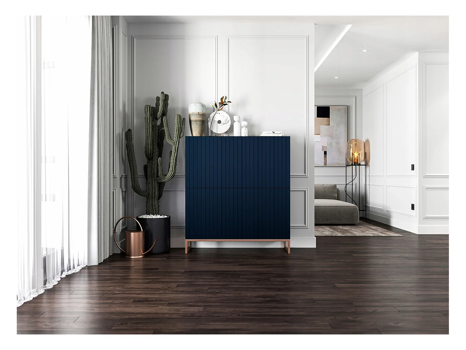 Commode avec 4 portes - Corps Bleu Marine mat, façades rainurées Bleu Marine mat - 112 cm, cadre en métal