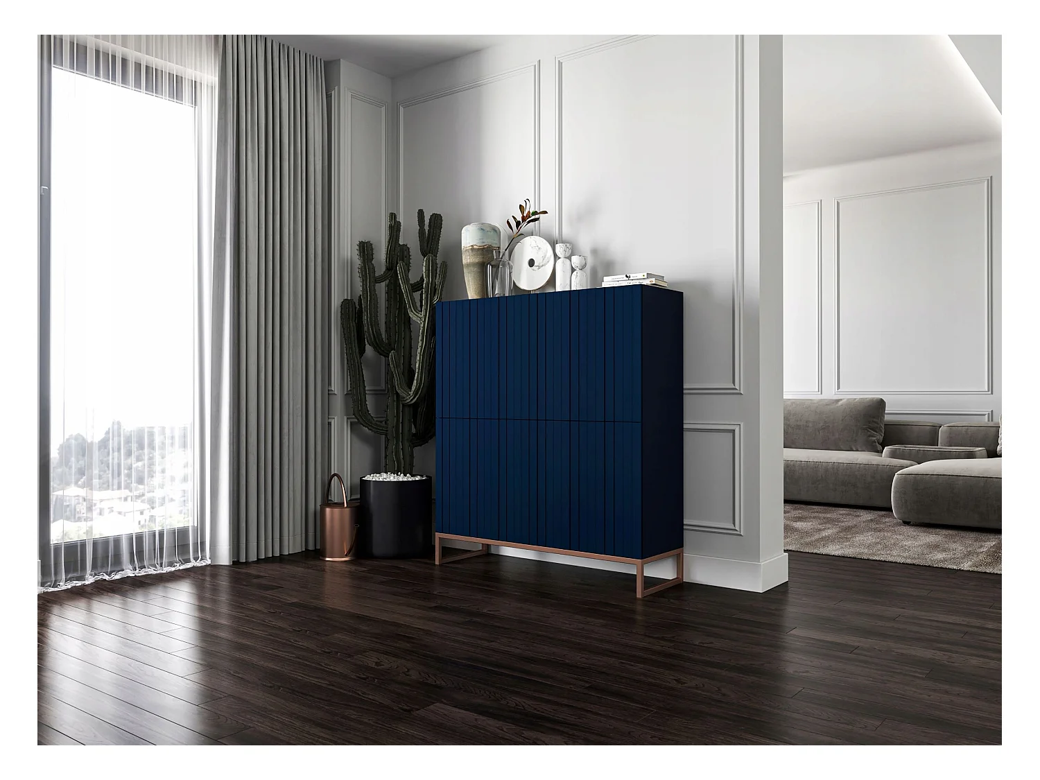 Commode avec 4 portes - Corps Bleu Marine mat, façades rainurées Bleu Marine mat - 112 cm, cadre en métal