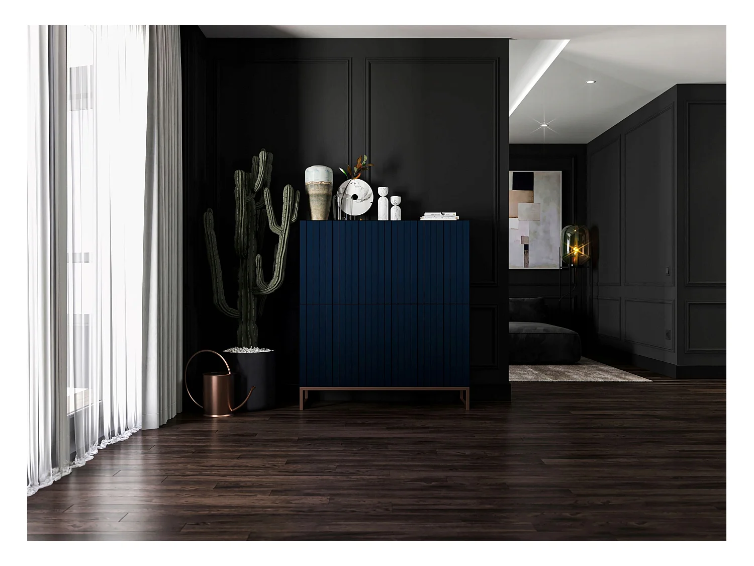 Commode avec 4 portes - Corps Bleu Marine mat, façades rainurées Bleu Marine mat - 112 cm, cadre en métal