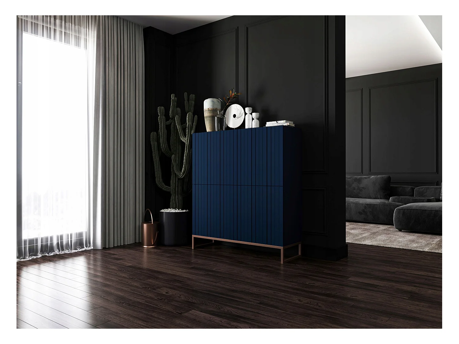 Commode avec 4 portes - Corps Bleu Marine mat, façades rainurées Bleu Marine mat - 112 cm, cadre en métal