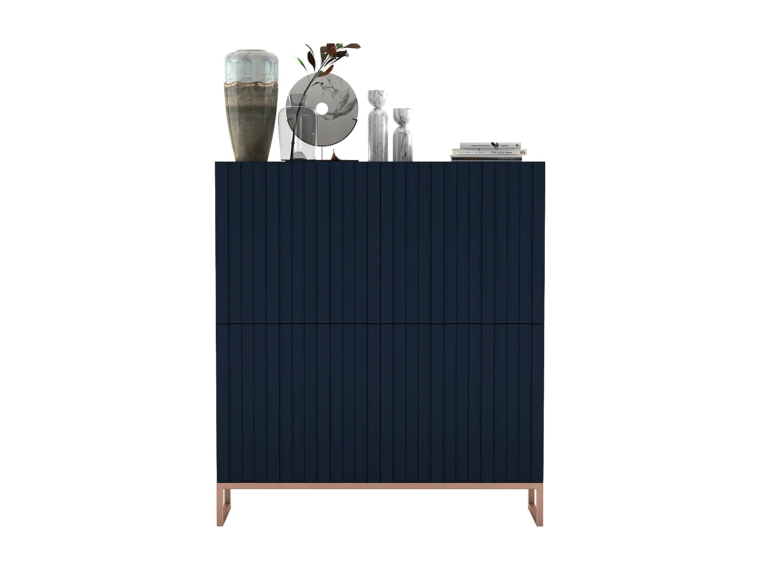 Commode avec 4 portes - Corps Bleu Marine mat, façades rainurées Bleu Marine mat - 112 cm, cadre en métal