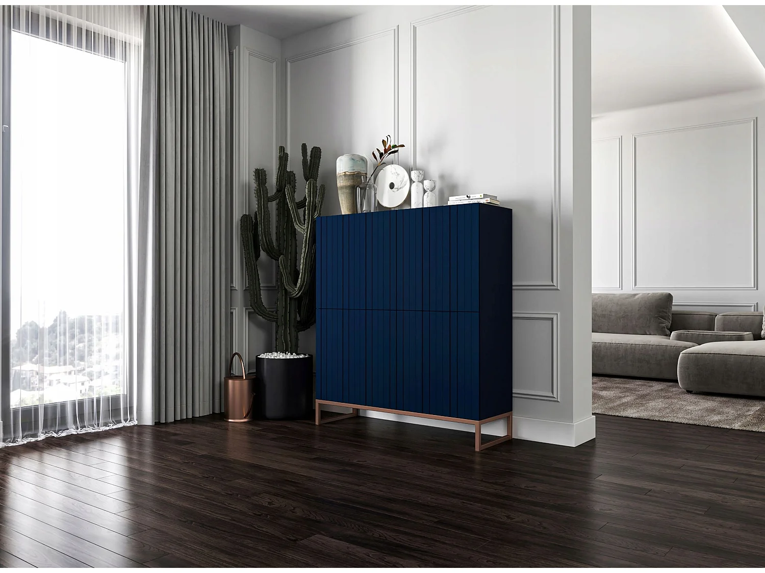 Commode avec 4 portes - Corps Bleu Marine mat, façades rainurées Bleu Marine mat - 112 cm, cadre en métal