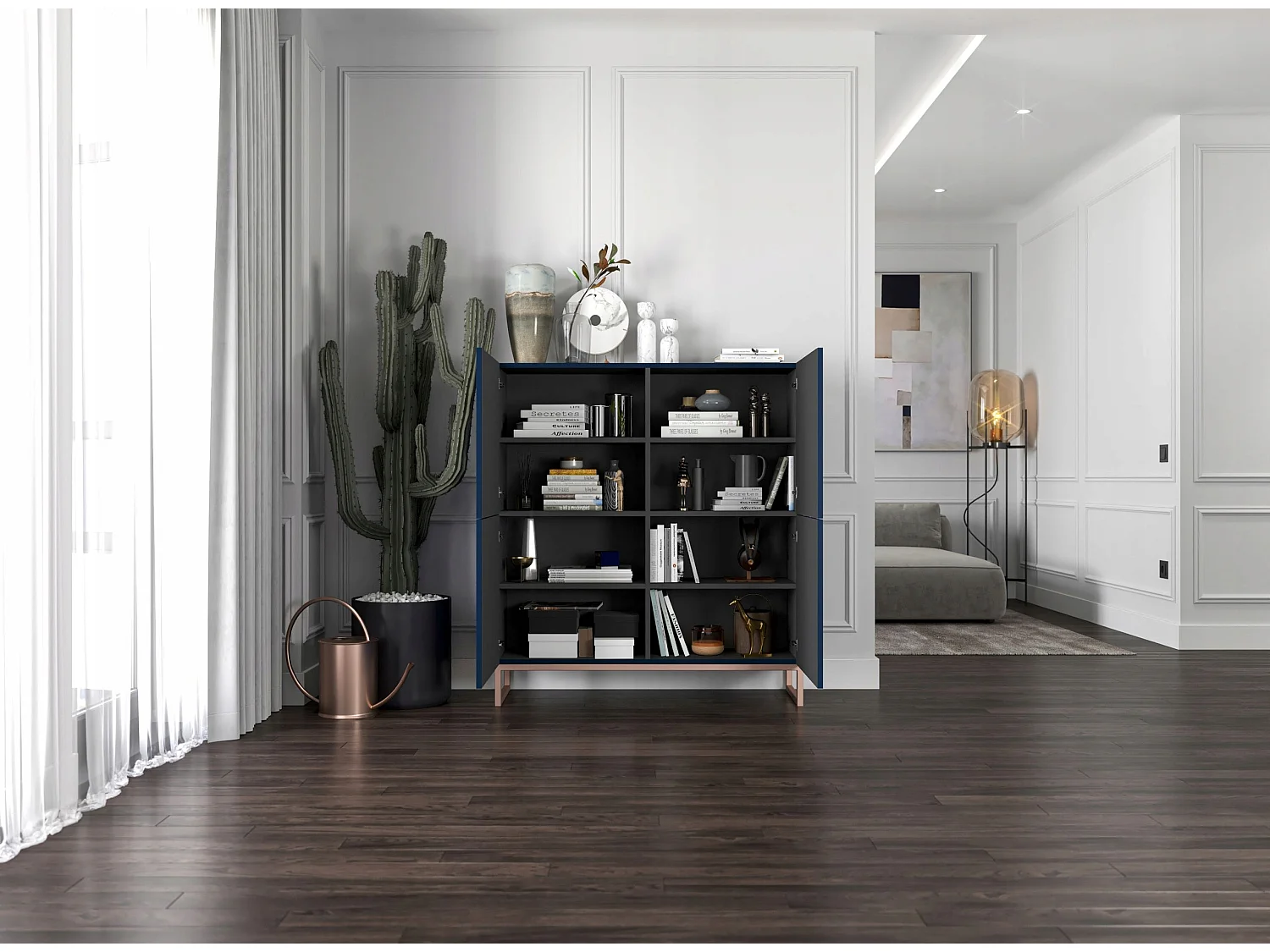 Commode avec 4 portes - Corps Bleu Marine mat, façades rainurées Bleu Marine mat - 112 cm, cadre en métal