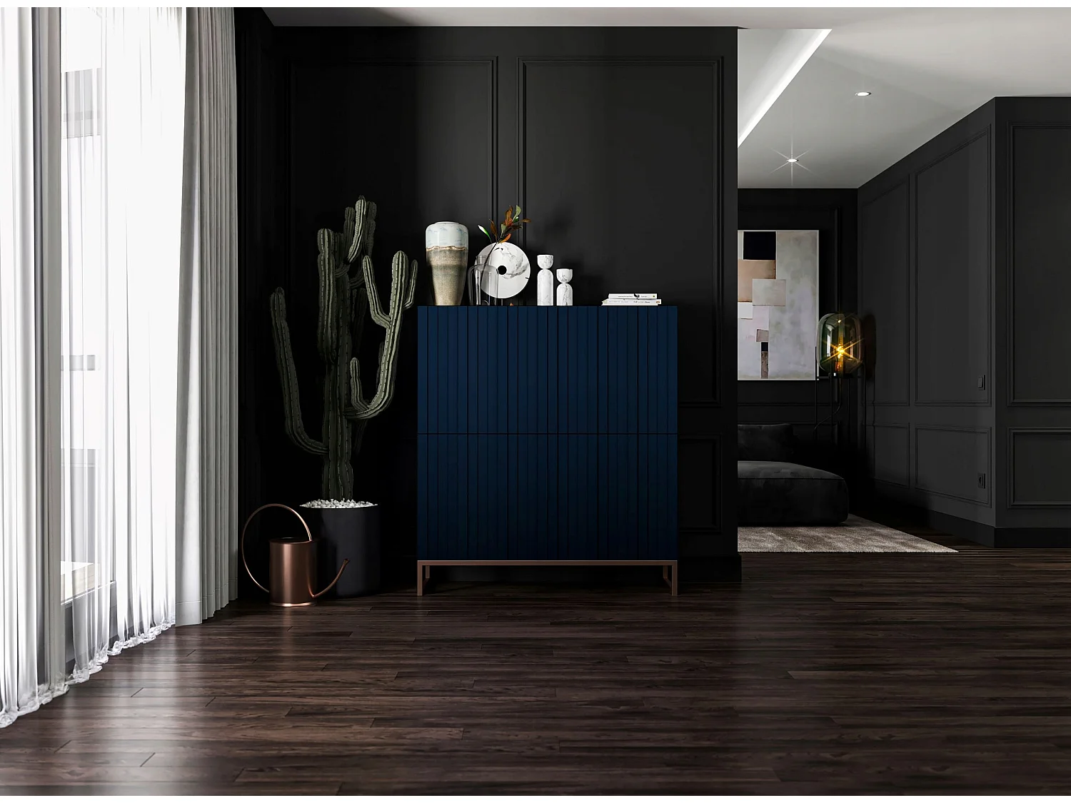 Commode avec 4 portes - Corps Bleu Marine mat, façades rainurées Bleu Marine mat - 112 cm, cadre en métal