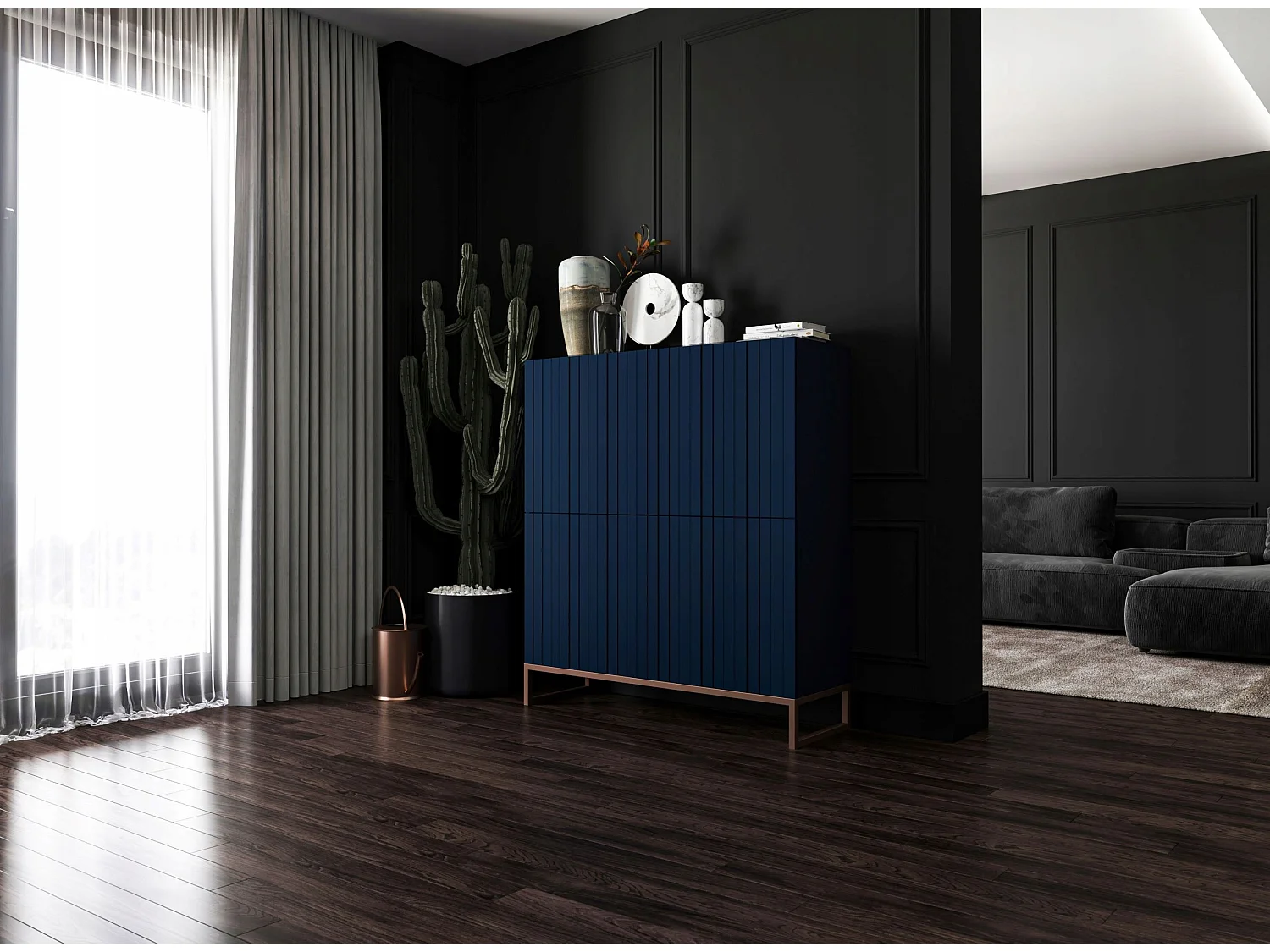 Commode avec 4 portes - Corps Bleu Marine mat, façades rainurées Bleu Marine mat - 112 cm, cadre en métal