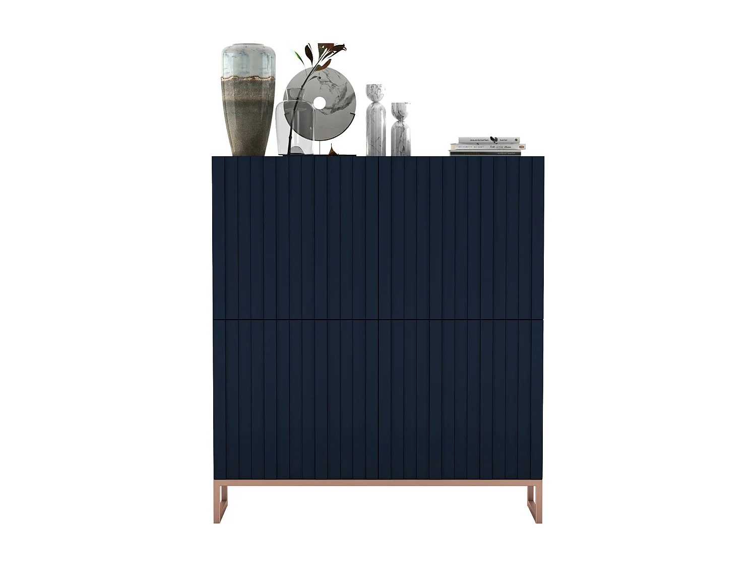Commode avec 4 portes - Corps Bleu Marine mat, façades rainurées Bleu Marine mat - 112 cm, cadre en métal