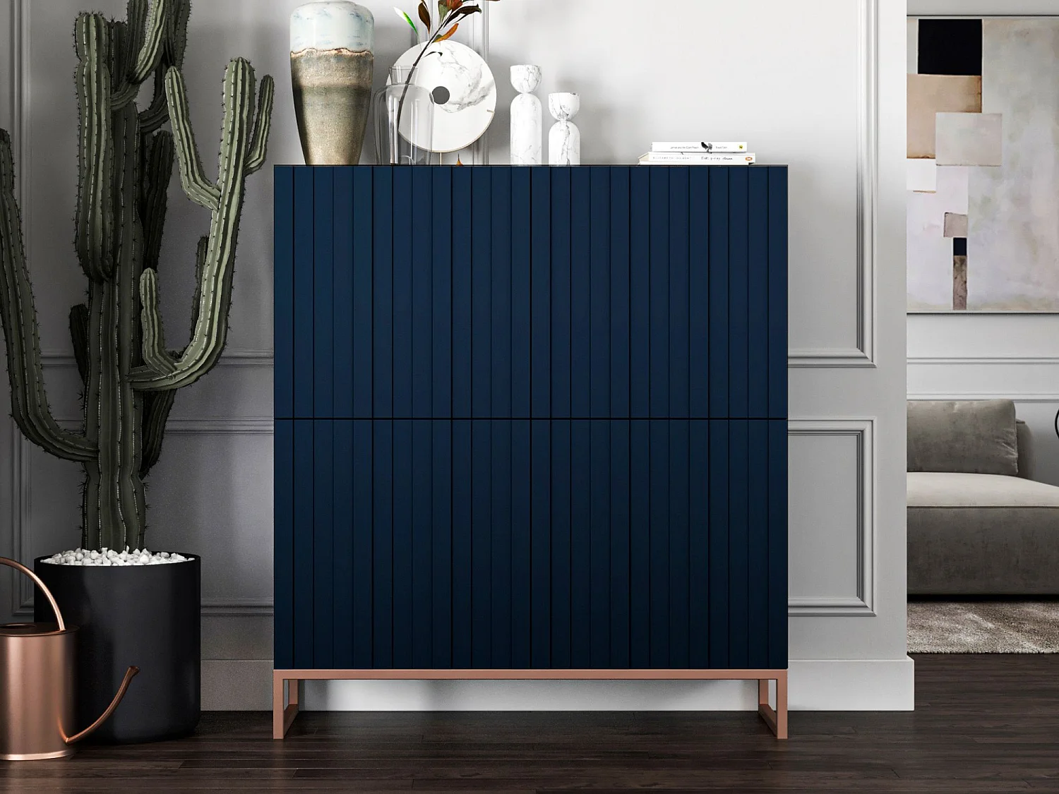 Commode avec 4 portes - Corps Bleu Marine mat, façades rainurées Bleu Marine mat - 112 cm, cadre en métal