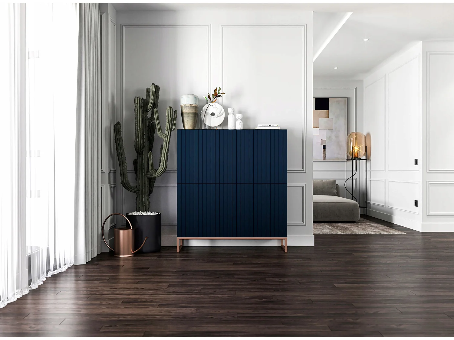 Commode avec 4 portes - Corps Bleu Marine mat, façades rainurées Bleu Marine mat - 112 cm, cadre en métal