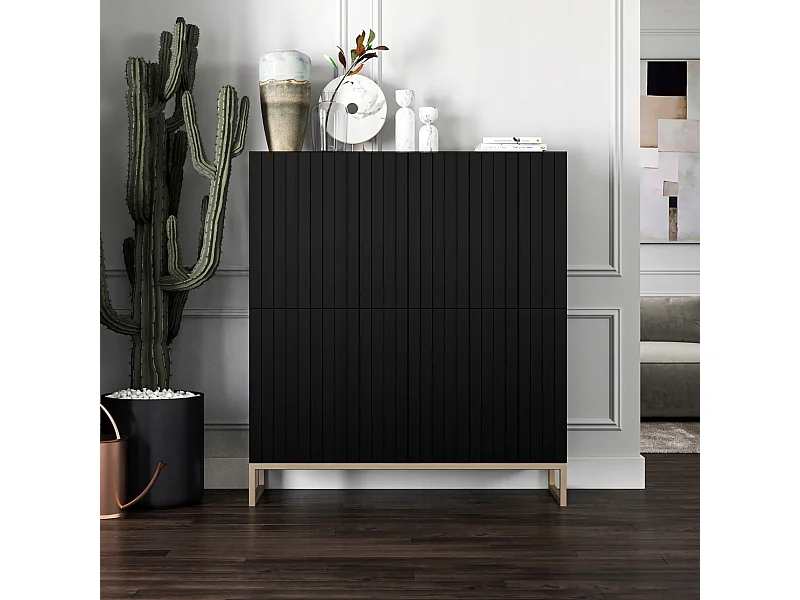 Commode avec 4 portes - Corps Noir mat, façades rainurées Noir mat - 112 cm, cadre en métal