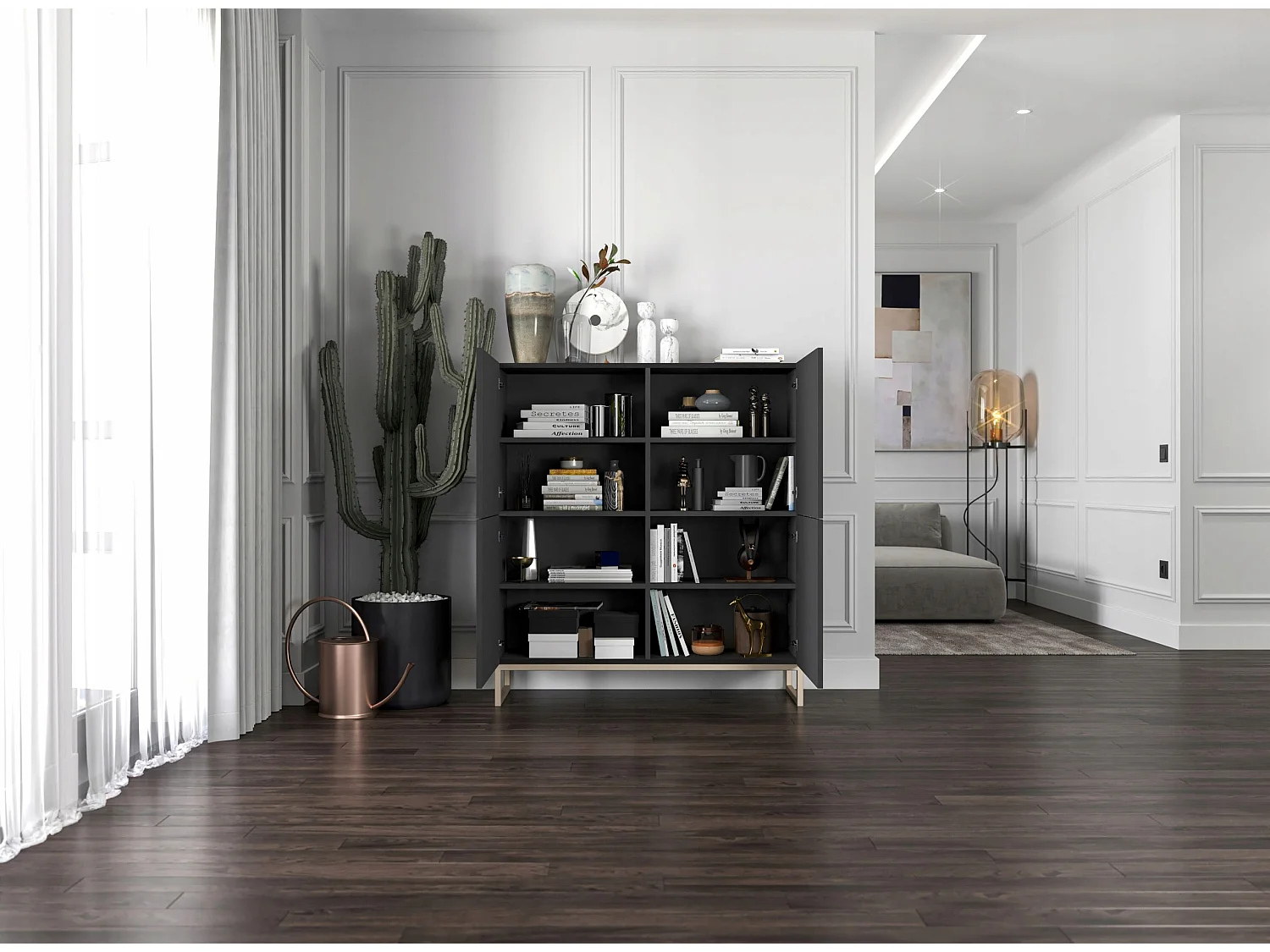 Commode avec 4 portes - Corps Noir mat, façades rainurées Noir mat - 112 cm, cadre en métal