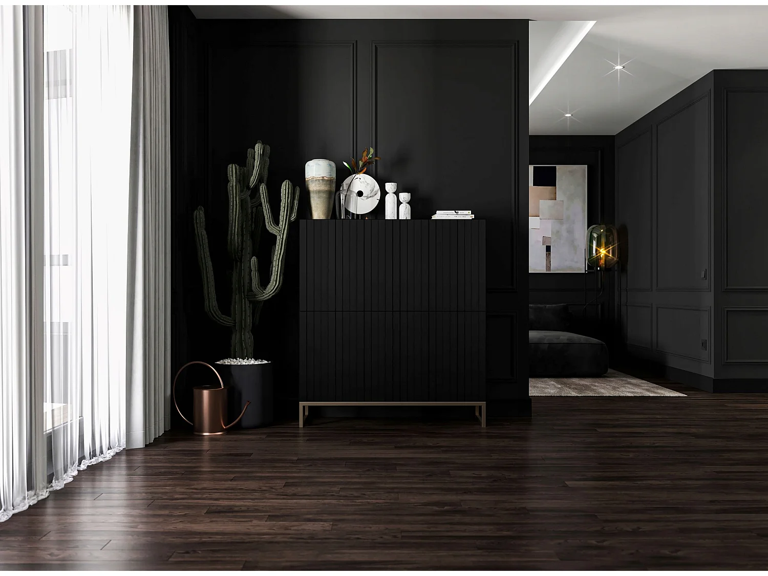 Commode avec 4 portes - Corps Noir mat, façades rainurées Noir mat - 112 cm, cadre en métal